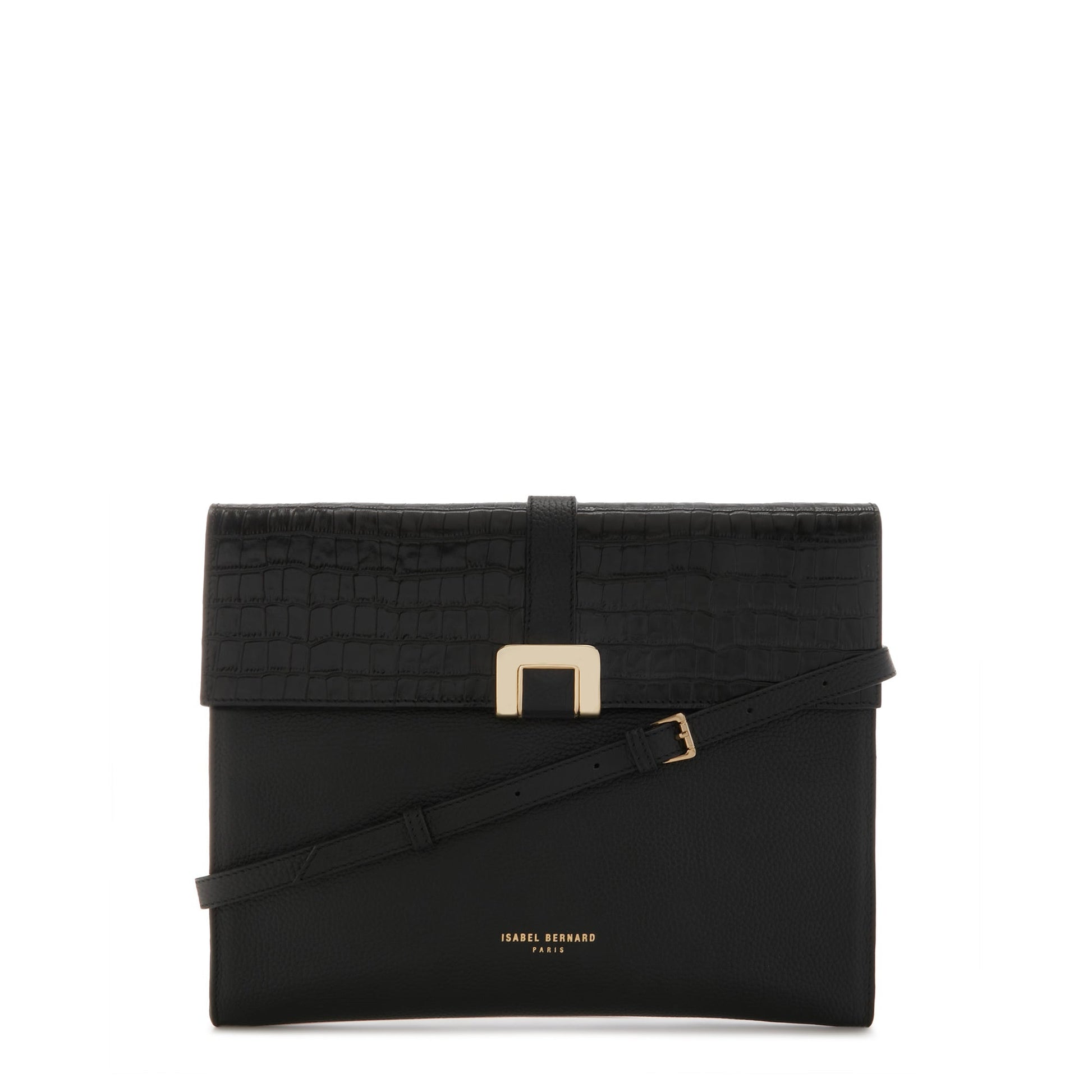 Honoré Clara croco black calfskin leather laptop sleeve with shoulder strap -  - Isabel Bernard