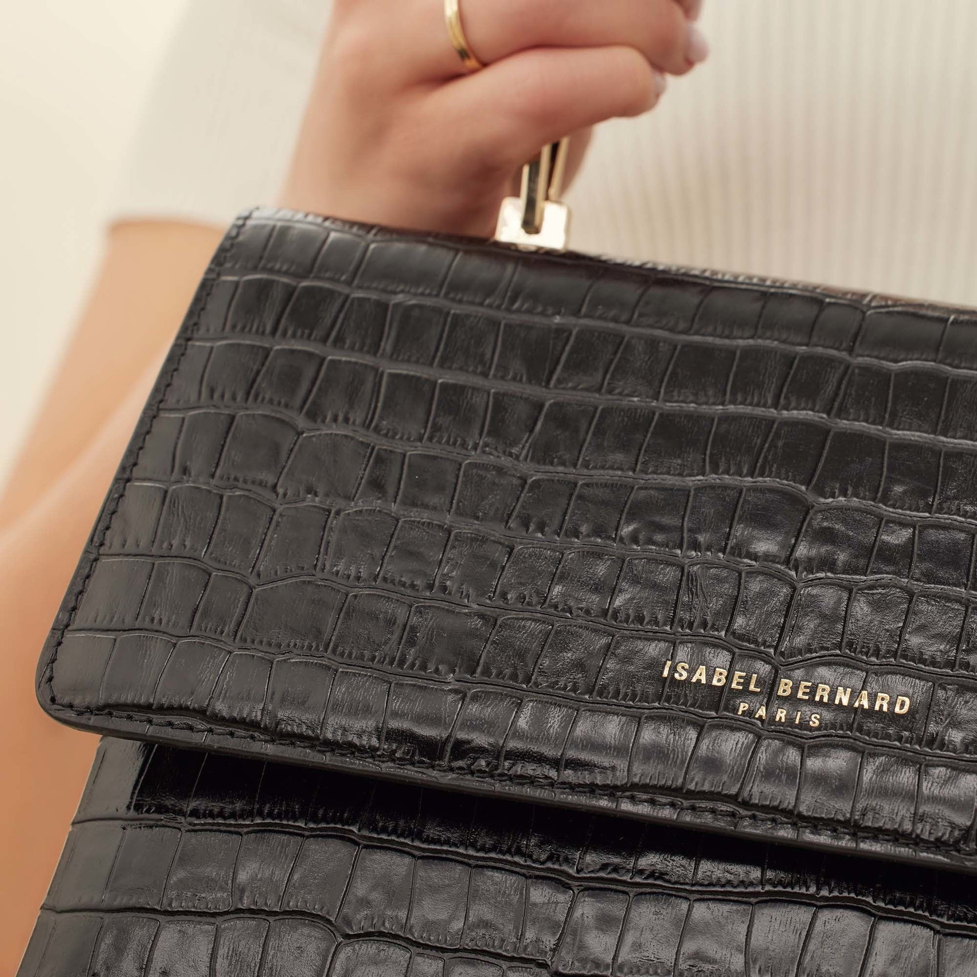 Femme Forte Gisel croco black calfskin leather handbag -  - Isabel Bernard