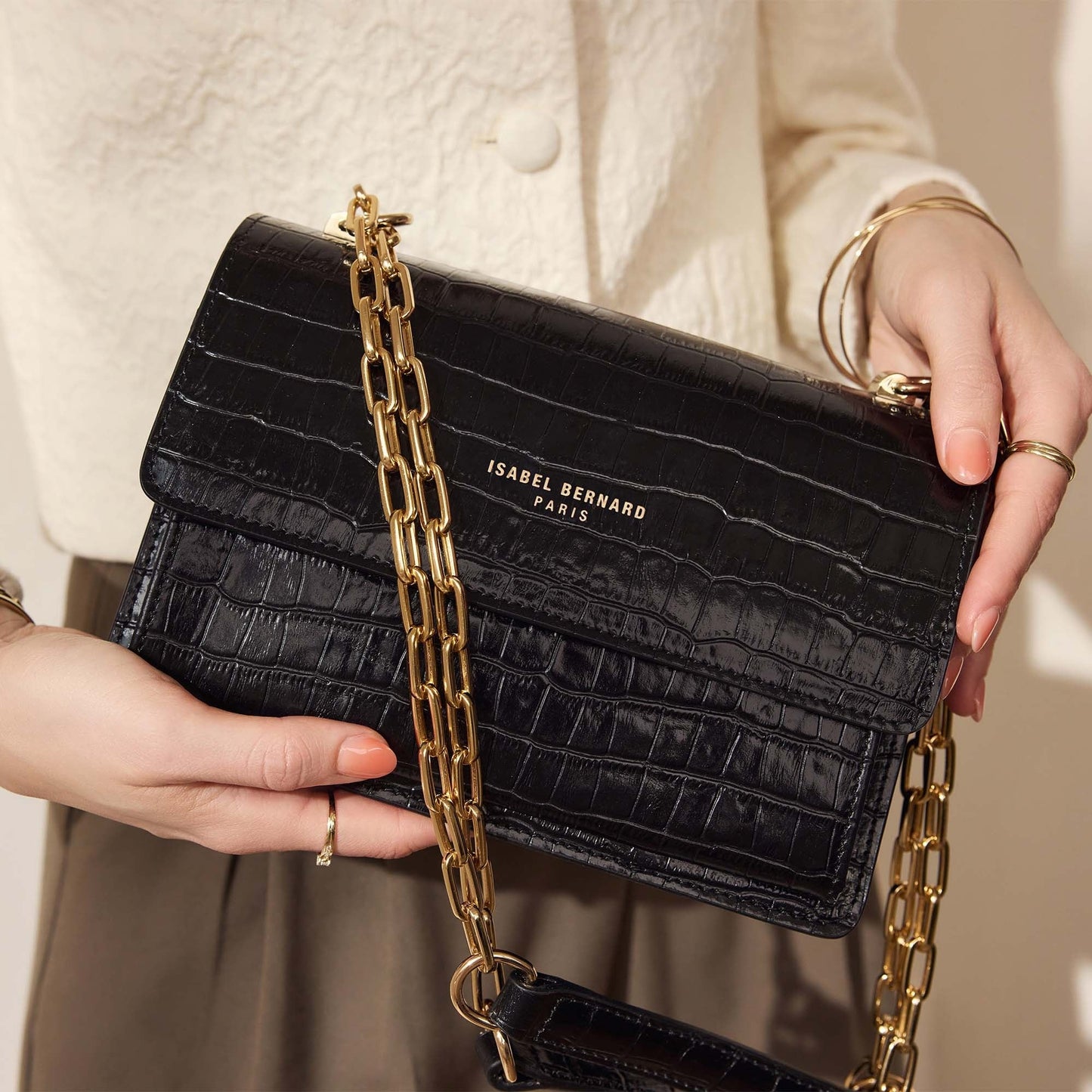Femme Forte Valerie croco black calfskin leather shoulder bag -  - Isabel Bernard
