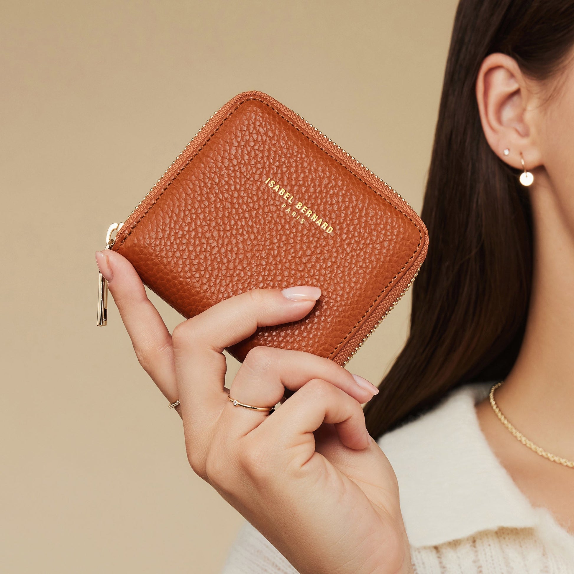 Honoré Jules cognac calfskin leather zipper wallet -  - Isabel Bernard