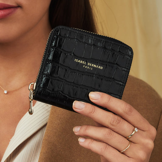 Honoré Jules croco black calfskin leather zipper wallet - - Isabel Bernard