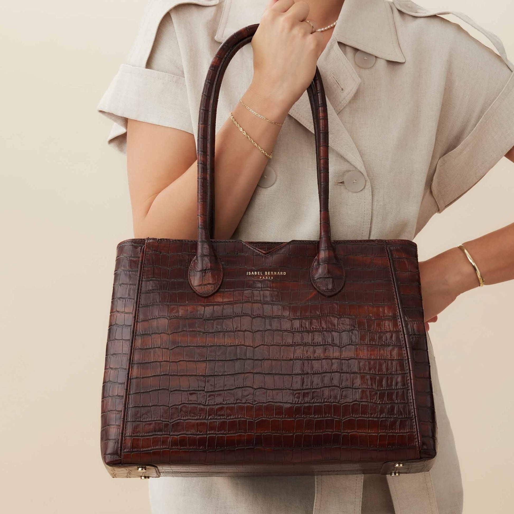 Honoré Cloe croco brown calfskin leather handbag -  - Isabel Bernard