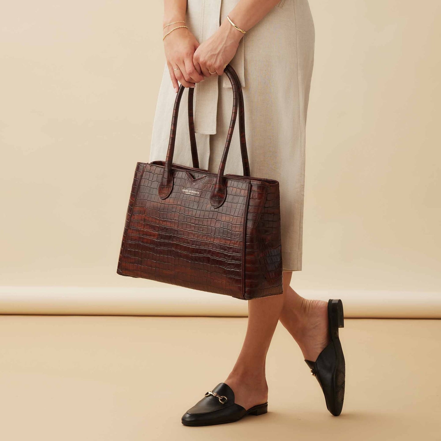Honoré Cloe croco brown calfskin leather handbag -  - Isabel Bernard