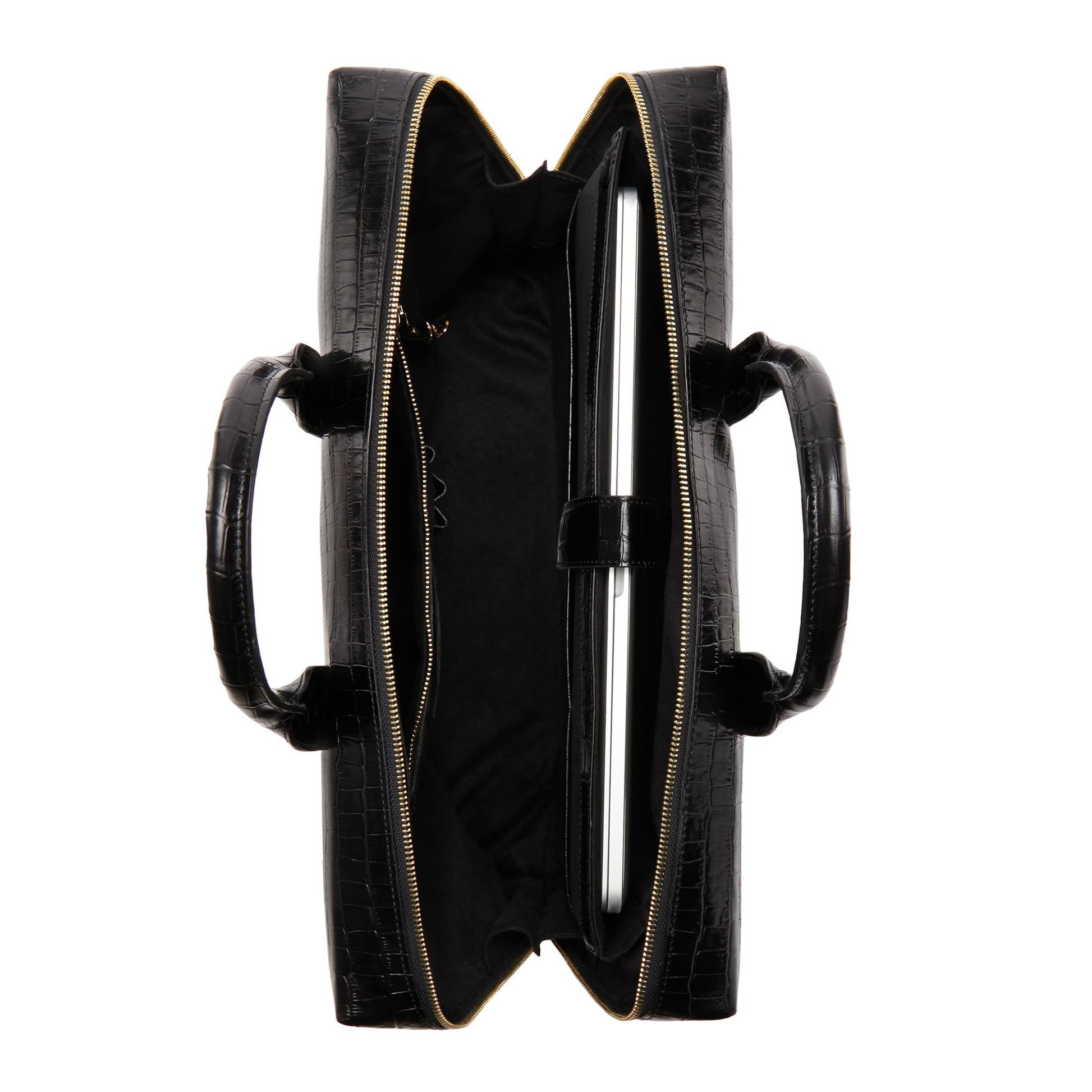 Honoré Anique croco black calfskin leather handbag with laptop compartment -  - Isabel Bernard