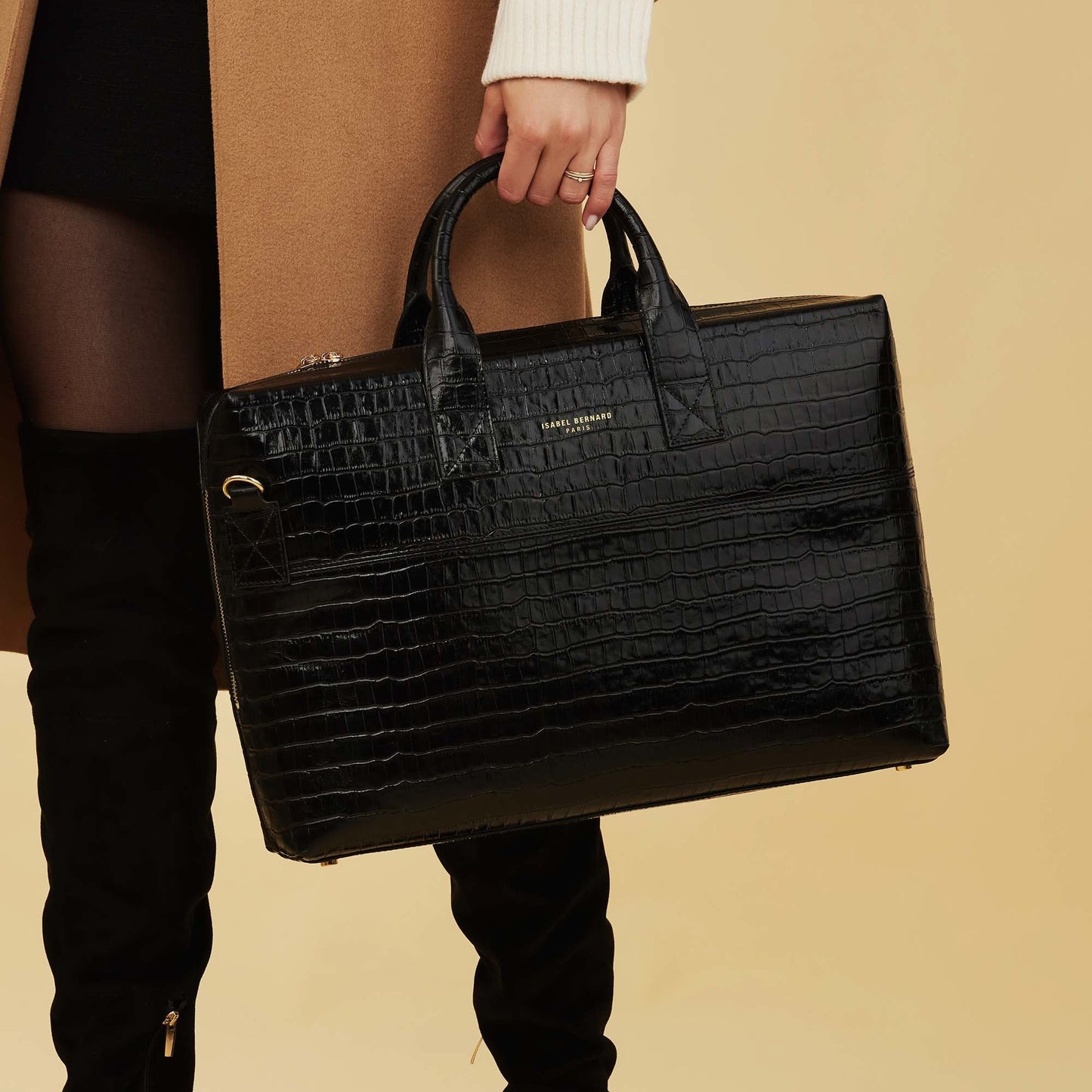 Honoré Anique croco black calfskin leather handbag with laptop compartment -  - Isabel Bernard