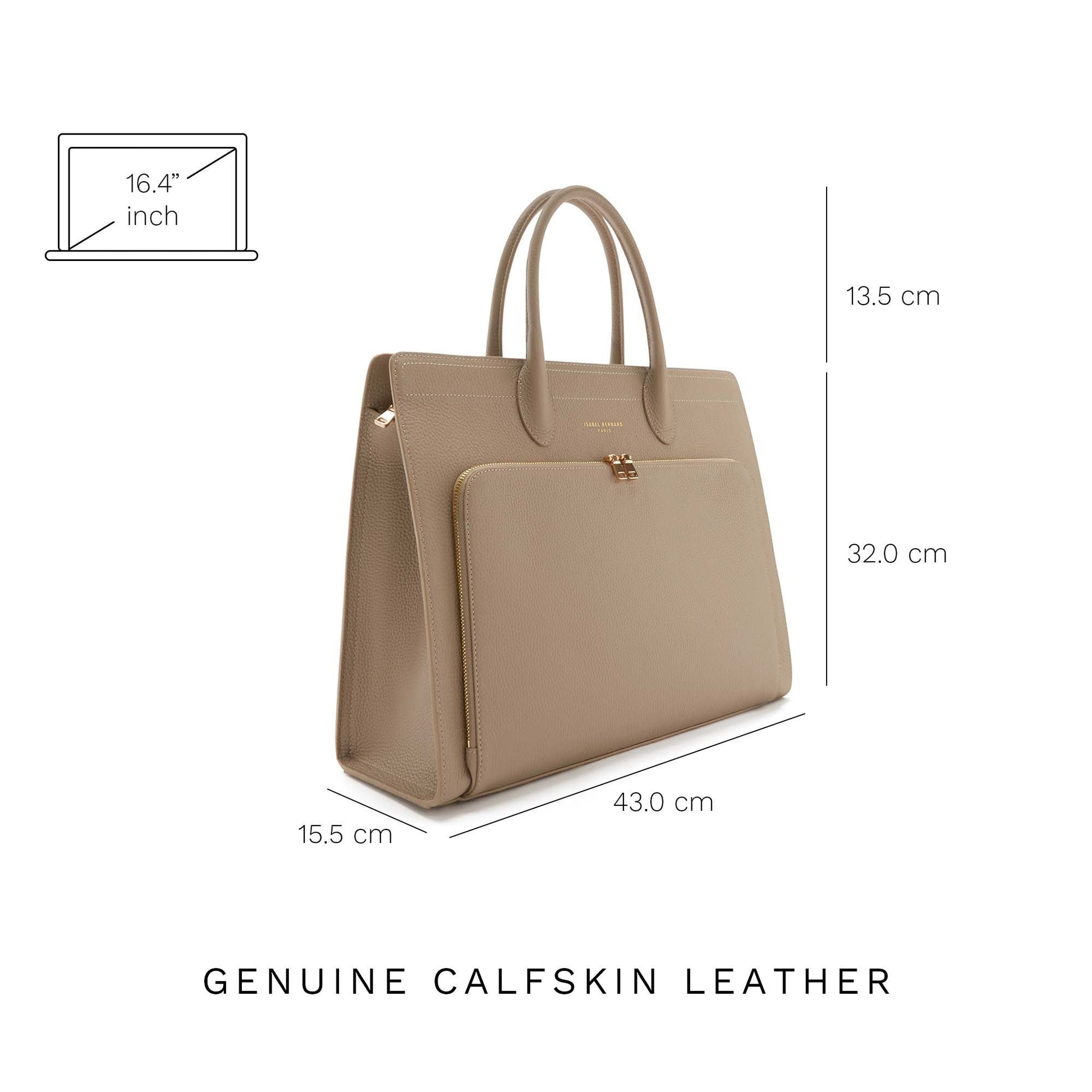 Honoré Nadine taupe calfskin leather handbag with laptop compartment -  - Isabel Bernard