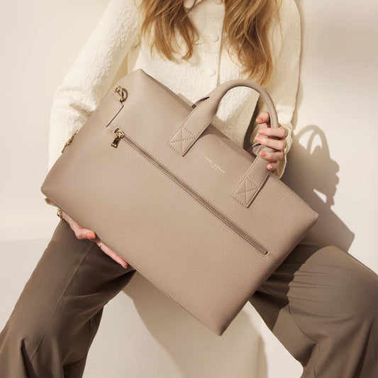 Honoré Anique taupe calfskin leather handbag with 16.4 inch laptop compartment -  - Isabel Bernard