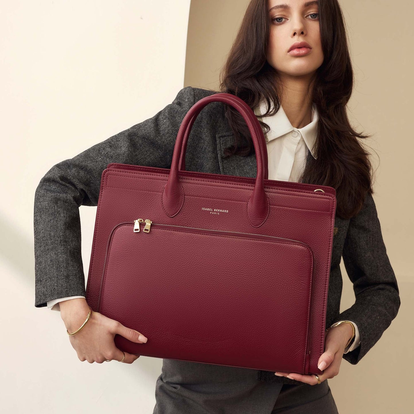 Honoré Nadine bordeaux red calfskin leather handbag with laptop compartment -  - Isabel Bernard