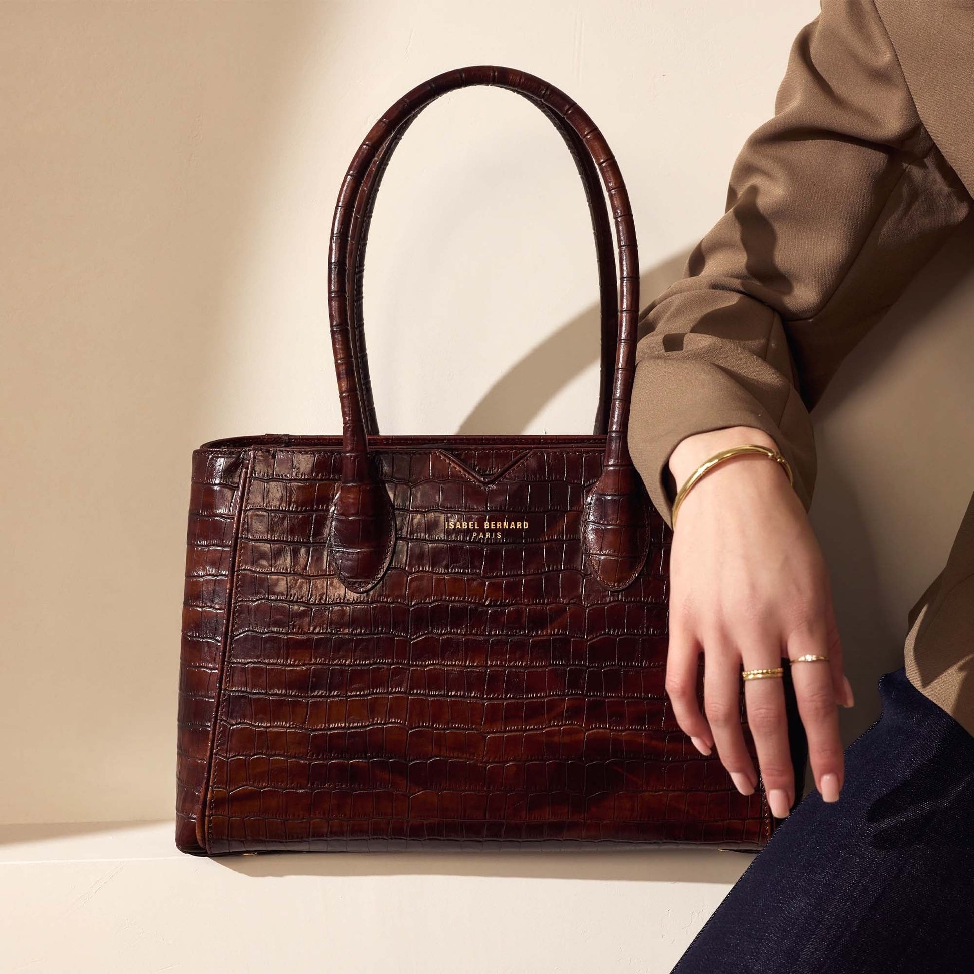 Honoré Cloe Midi croco brown calfskin leather handbag -  - Isabel Bernard