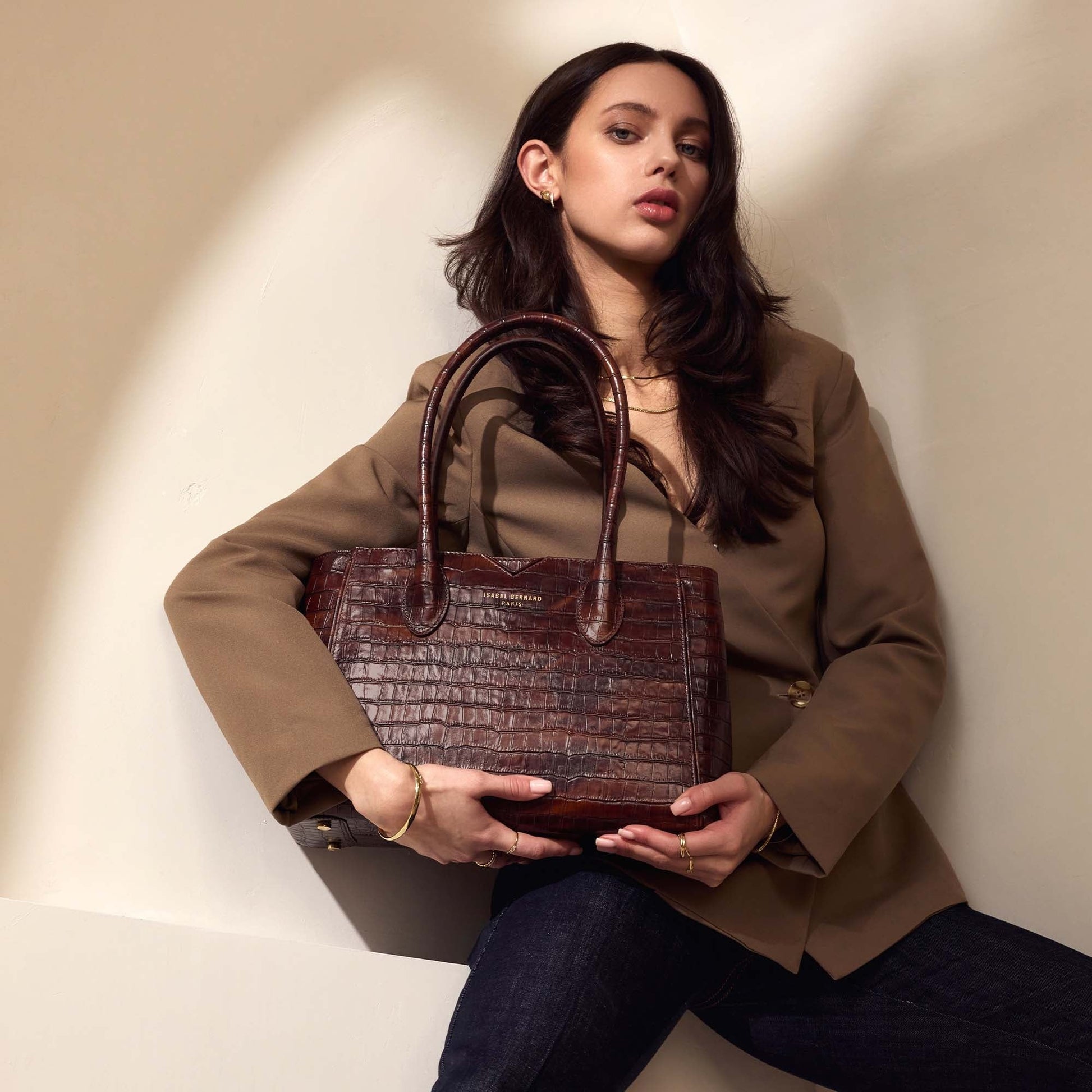 Honoré Cloe Midi croco brown calfskin leather handbag -  - Isabel Bernard