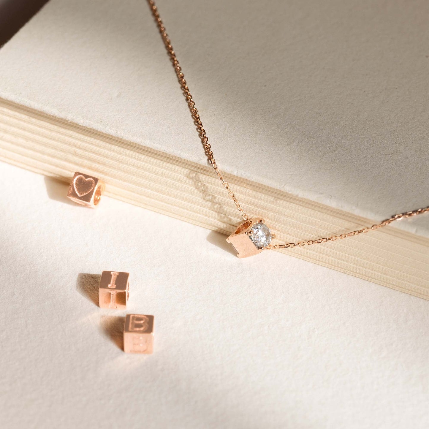 Cadeau d'Isabel 14 karat rose gold cube charm with heart and rose gold necklace gift set - - Isabel Bernard