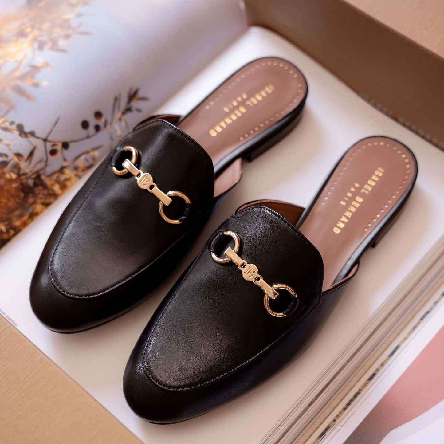 Vendôme Fleur black calfskin leather slipper loafers -  - Isabel Bernard