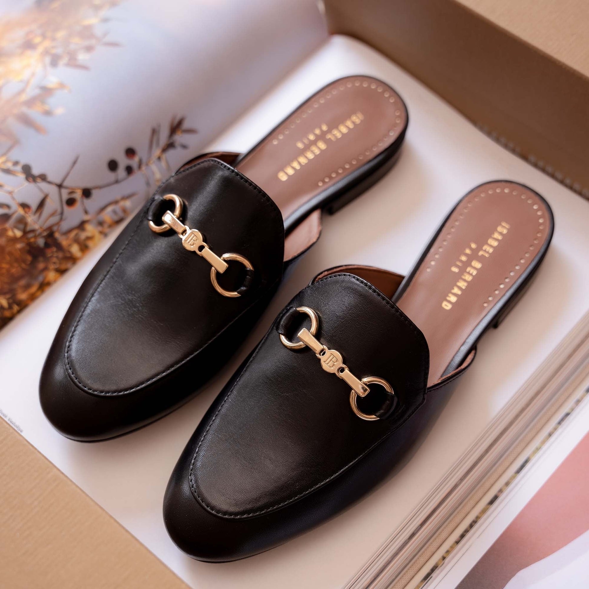 Vendôme Fleur black calfskin leather slipper loafers -  - Isabel Bernard