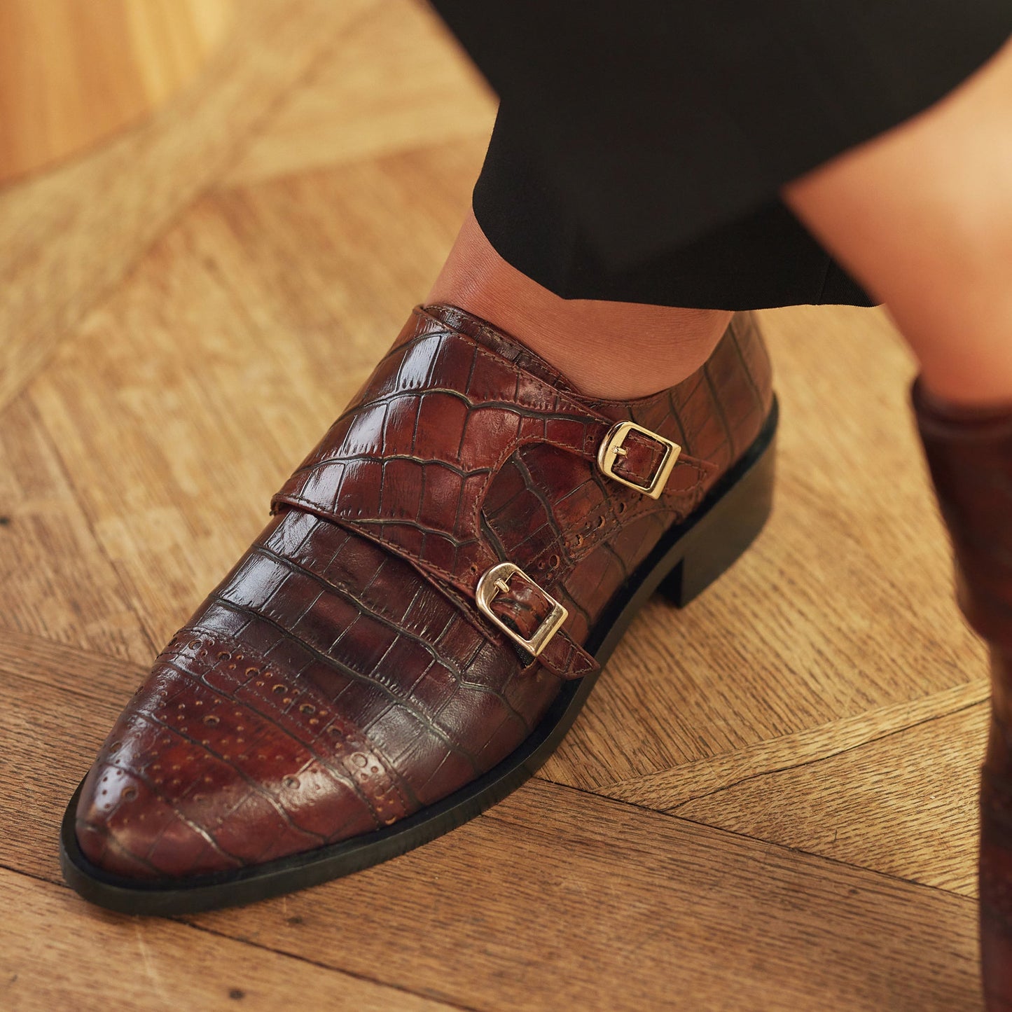 Vendôme Sophie croco brown calfskin leather double monk shoes -  - Isabel Bernard