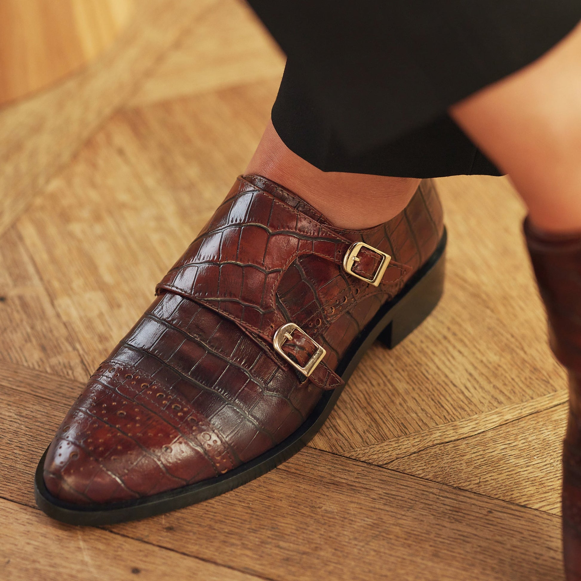 Vendôme Sophie croco brown calfskin leather double monk shoes -  - Isabel Bernard